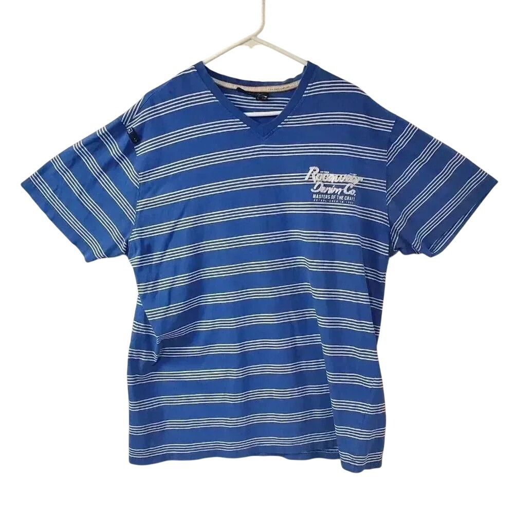 Rocawear Mens Striped V Neck T Shirt Blue White Cotton Size XL